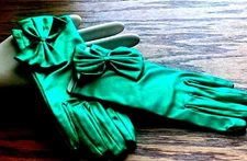 vintage gloves 1960s satin bow one size emerald 1 pair