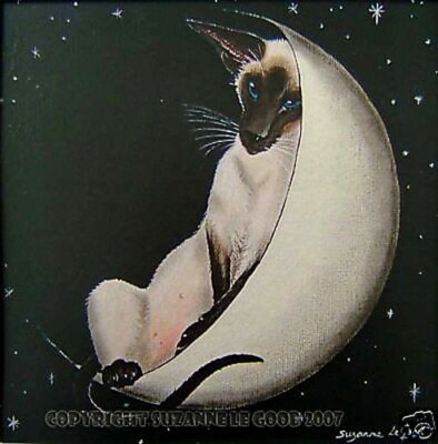 Siamese Cat moon art mounted print from original painting by Suzanne Le Good