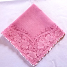 Pink Machine Lace Dusty Rose Floral Pattern Handkerchief Scallop Edge VTG