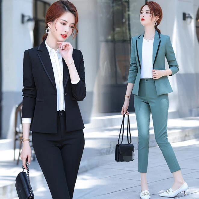 Womens Blazer Pant Suit Elegant Slim Business Office Ladies Set with Trouser