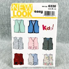 New Look 6336 Button Front Vest Childs Size 3 8 Sewing Pattern Kids