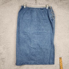 Vintage Eddie Bauer Skirt Womens Petite 14P Blue Denim Midi Straight 90s Y2k