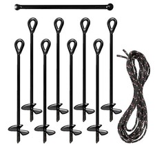 Ashman Ground Anchors, 15in - 8pk Black Shed Anchor Kit Ground Stakes w Rope 10m