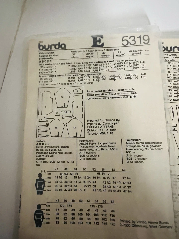 Vintage BURDA Sewing Craft Pattern #5319 Men's Shirt 14½-17¼ Uncut  - Image 3 of 3