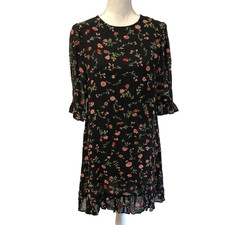 Ganni Shift Dress Womens 6 Black Floral Ruffle Trim Coquette Romantic Cottage