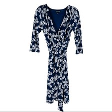 41 Hawthorn blue white tropical leaf stretchy faux wrap tie midi dress small