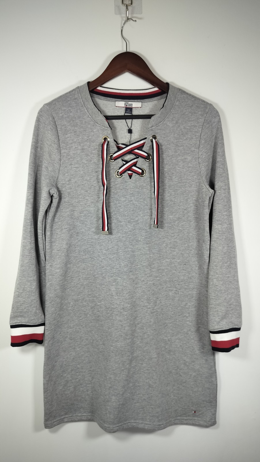 Tommy Hilfiger Denim Sweater Dress S/P Gray Lace Up Long Sleeve Striped Trim