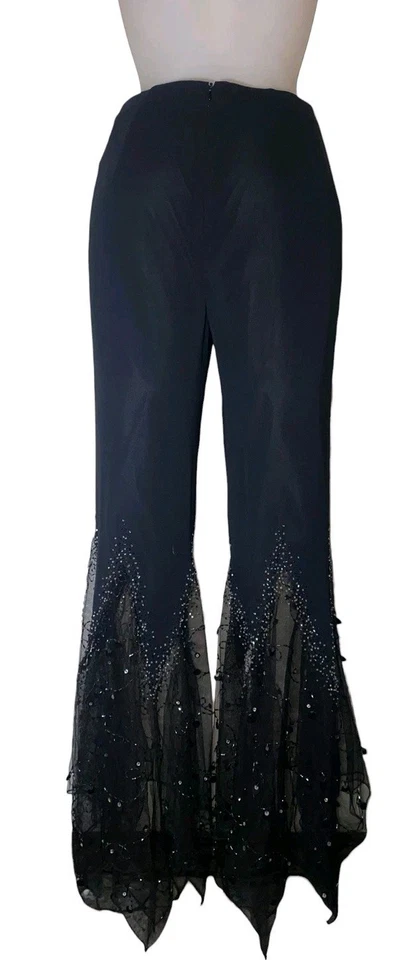 90s Womens Black Beaded Sequin Asymmetric Hem Flare Leg Whimsigoth Pants Sz S/M - Image 3 of 4