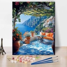 Coastal Scenery Paint by Numbers Kit for Adults, Amalfi Coast DIY Oil Painting..