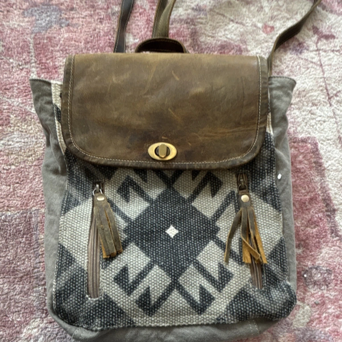 Myra Bag Gray and Tan Geometric Backpack Myra Bags Backpack Purse Southwest Pattern Cowhide Trim  main image 2