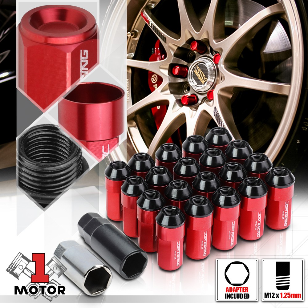 20) Black M12x1.25 Extended Tuner Wheel Lug Nut w/53mm Red