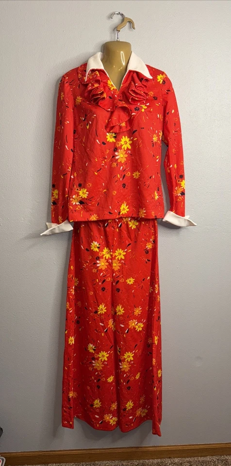 De Colección Tendencias Jerrie Lurie Para Mujer Rojo Amarillo Floral Pantalón Camisa Ocio Traje Talla S? Foto 2 de 4