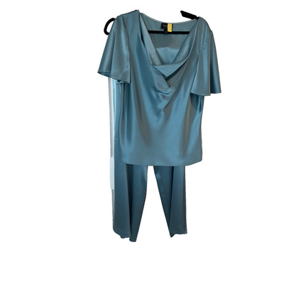 St John Couture 2 Piece Blue Satin Outfit Blouse(Size 14)  and Pants (Size 12)