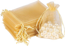 100pcs Gold Organza Gift Bags, 4 x 6 inch Candy Mesh Drawstring Favor Bags Jewel