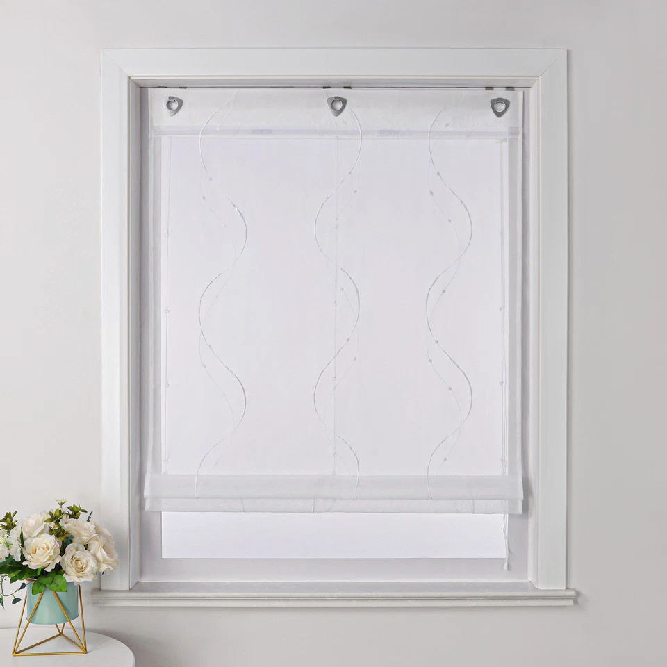 Raffrollo mit Ösen Bestickt Raffgardinen Küche Gardinen Voile Transparent Modern - Bild 3 von 4