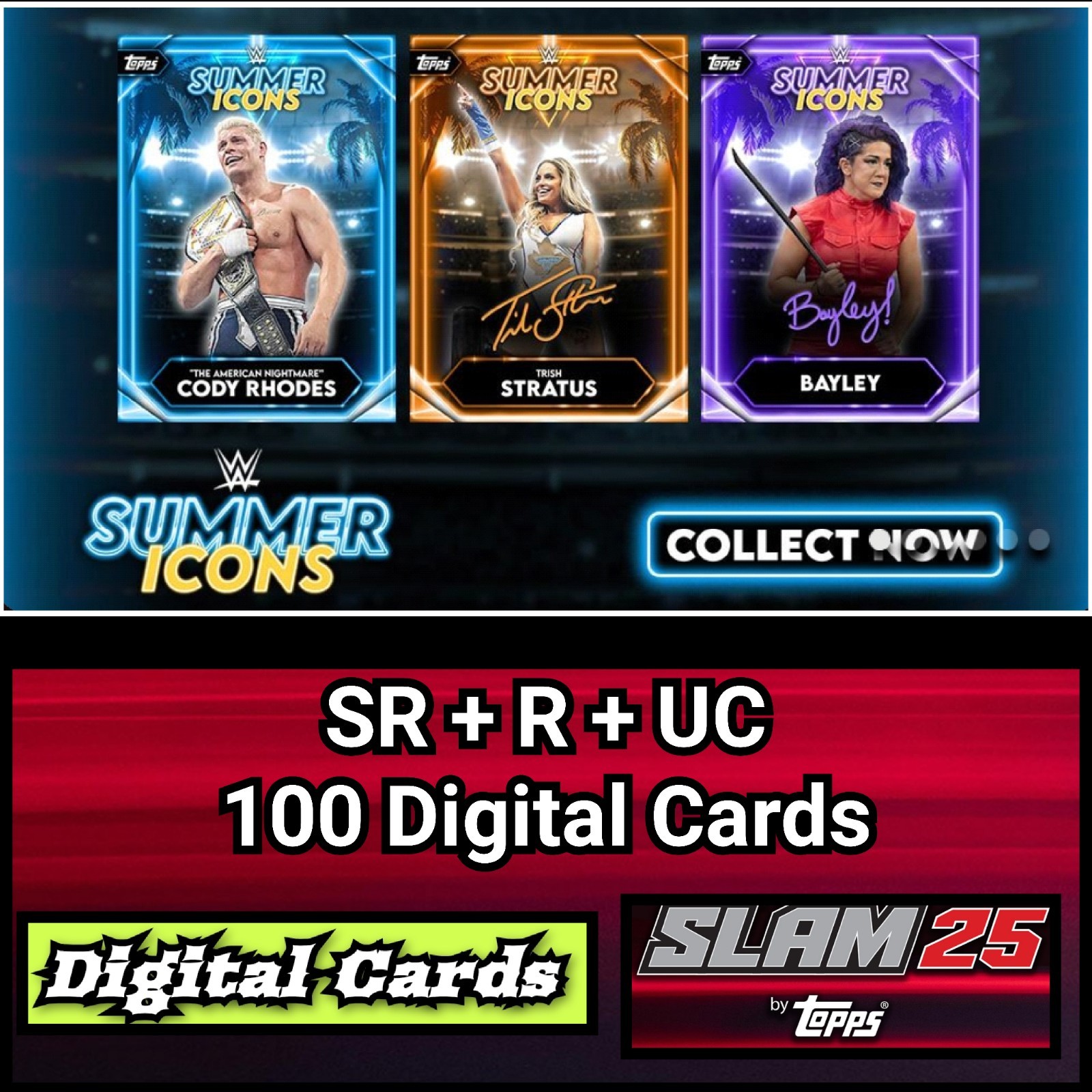 Topps WWE Slam Summer Icons 26 SR+R+UC 100 Card Set