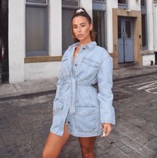 Prettylittlething PLT X Maya Jama denim tie up shirt dress XS bloggers fave