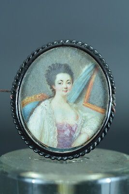 Miniatur Porträt Junges Frau Auf Ihr Toilette Spiegel Brosche Louis XIV 18e