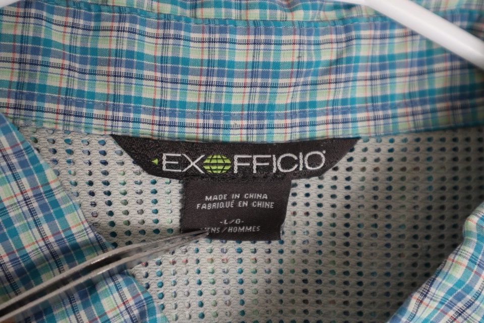 ExOfficio Mens Large Blue Green Plaid Button Up Shirt Long Sleeve Hiking Outdoor - Image 4 of 4