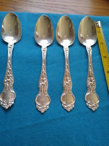 Set of 4 Wallace Sterling Silver Violet Tea Spoons 6". 26.1 Grams Per Spoon