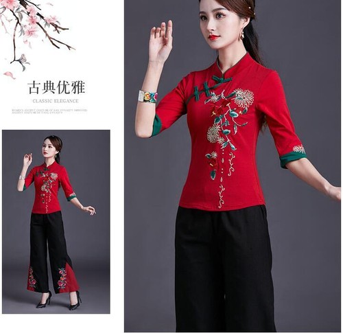 New Women's cotton Linen Tops Summer Chinese Style Blouse buckle T-Shirt gift - Picture 4 of 13