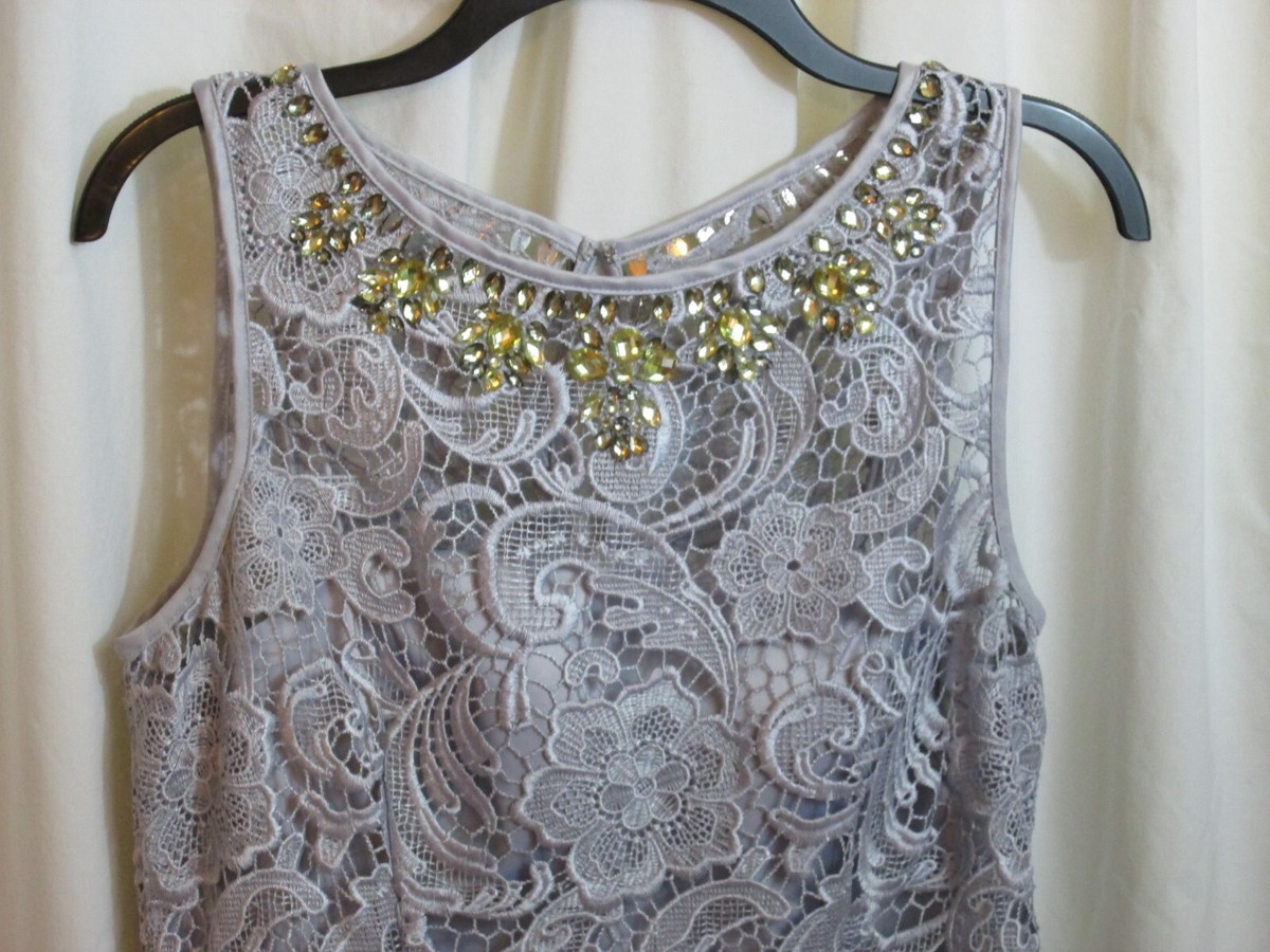 Adrianna Papell Silver Gray Jeweled Lace Formal Dress Cocktail