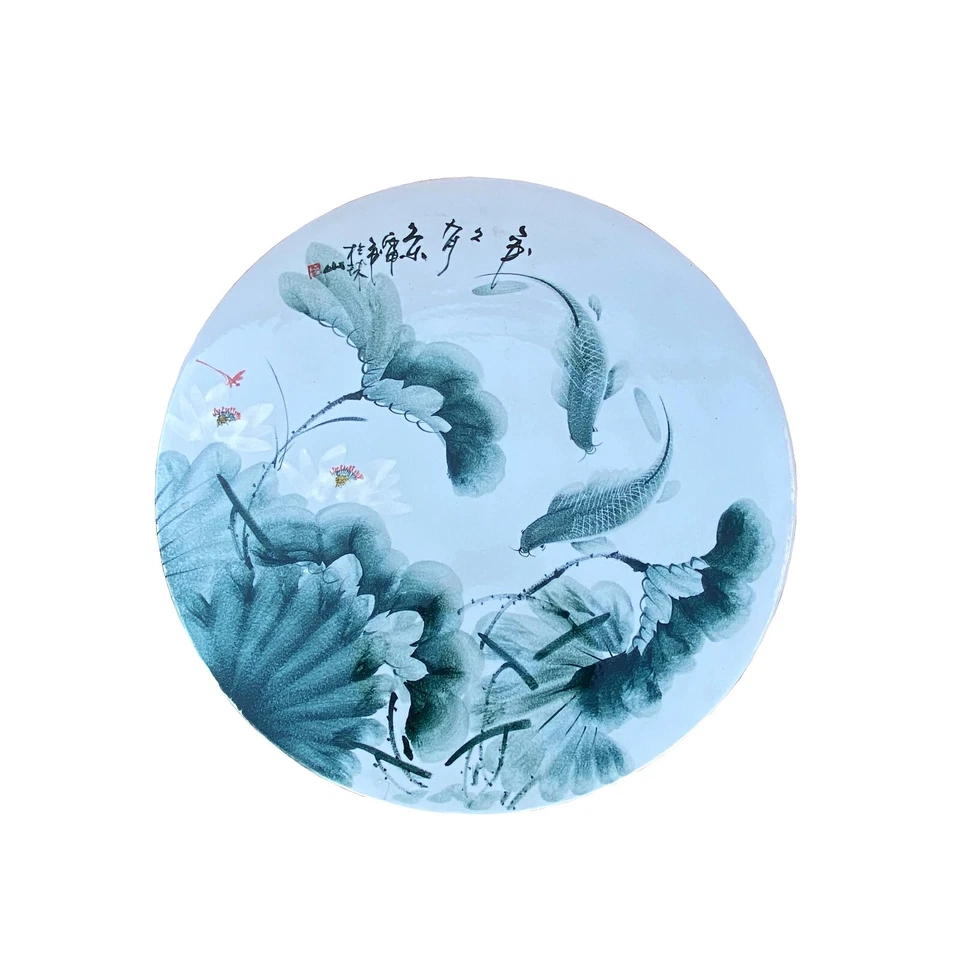 Mesa redonda china blanca con tema de pez loto verde porcelana cs7297 Foto 4 de 4