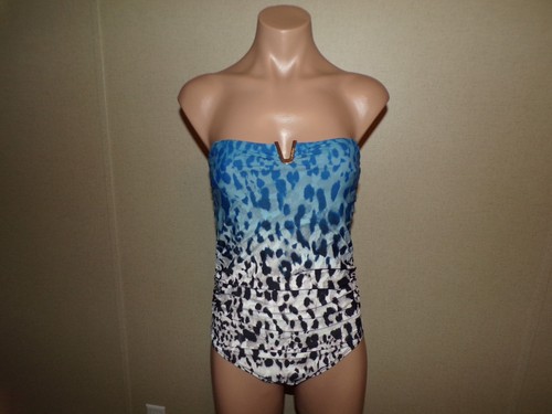 Calvin Klein Size 6 Small One Piece Strapless Swimsuit Blue Black White