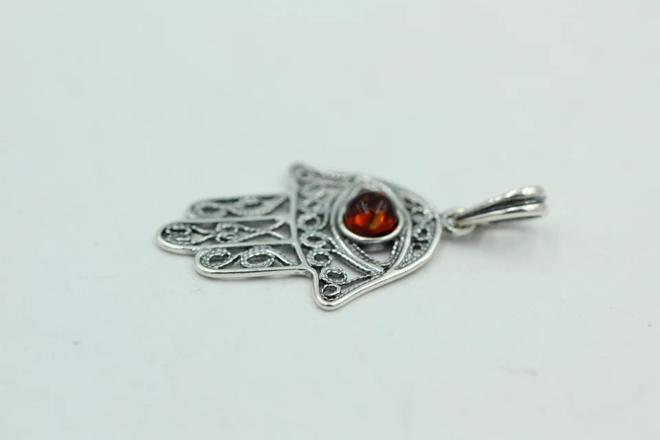 Ambra Mano di Fatima 925 Collier Collana Argento Ciondolo IN Ambra - Immagine 4 di 4