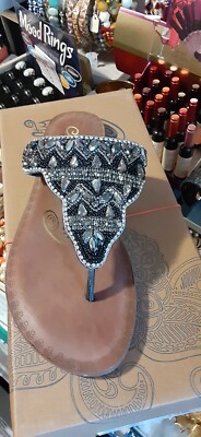 NAUGHTY MONKEY BLACK  LEATHER bling  BEADED THONG FLAT SANDALS loving u 9.5 M