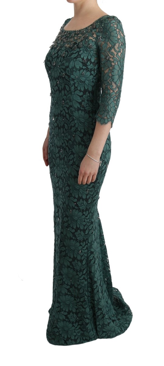 DOLCE & GABBANA Dress Green Floral Crystal Ricamo Sheath