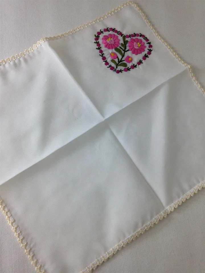 Pañuelo para mujer vintage rosa bordado corazón cuadrado pañuelo borde ganchillo 11" Foto 3 de 4