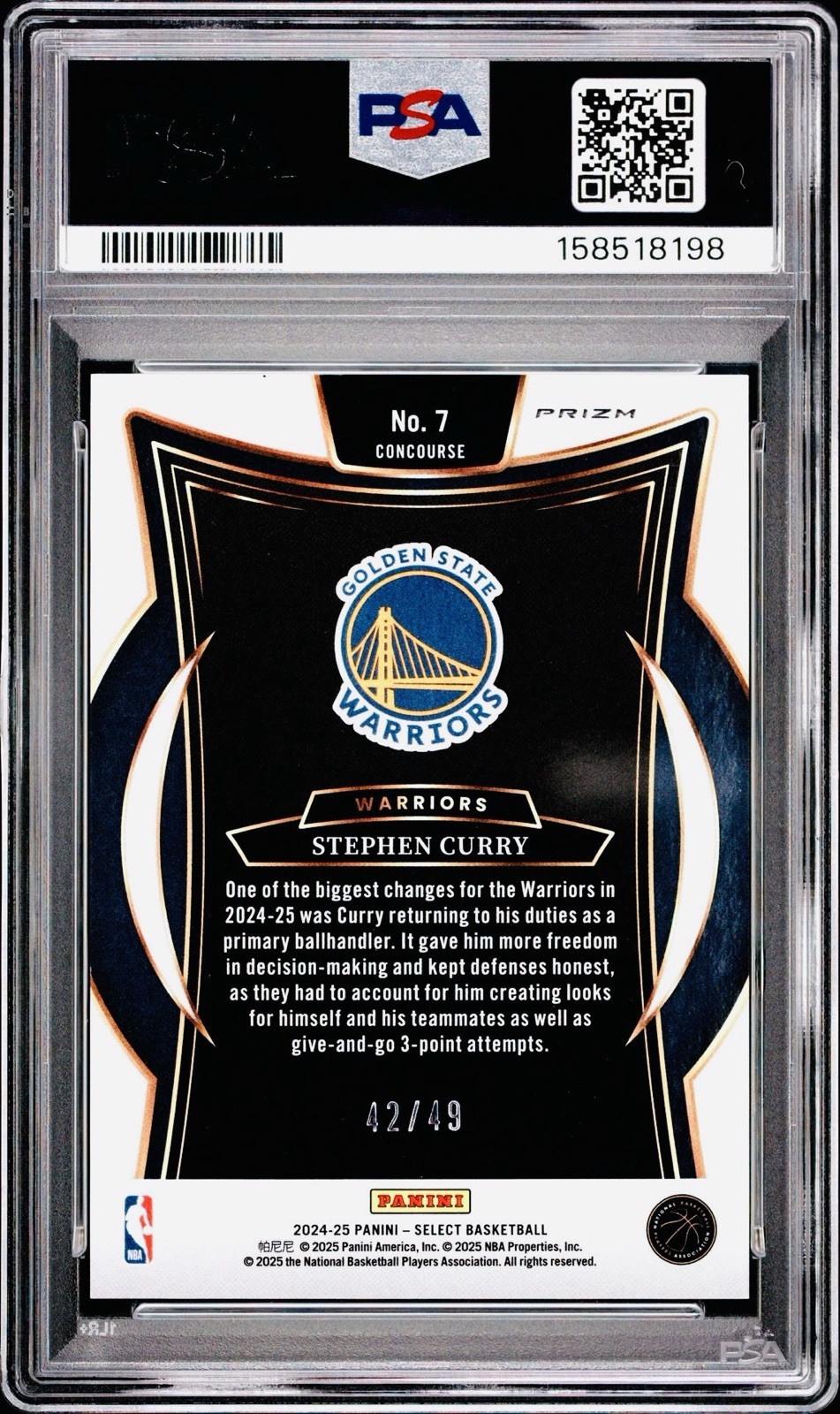 2024 Panini Select Stephen Curry #7 Concourse Bronze Checker /49 PSA 10 Warriors view 2