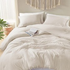 Beige King Comforter Set Boho Chic Bedding with Elegant Pom Fringe, Soft Was...