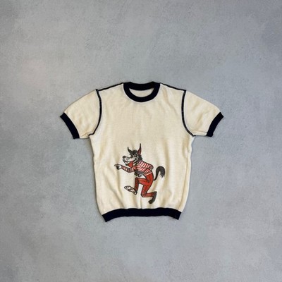 VINTAGE 60's ACKERMANN BIG BAD WOLF CARTOON ACRYLIC KNIT TEE T-SHIRT YOUTH 164CM