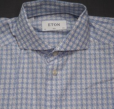 Eton Shirt Mens 15.5 39 Blue Check Slim Fit Dress Long Sleeve Spread Collar