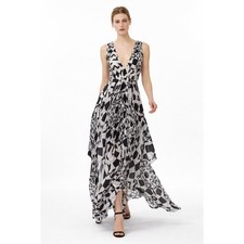 Alice + Olivia Black White Silk Geo Handkerchief Maxi Dress Sze 0 Editorial Chic