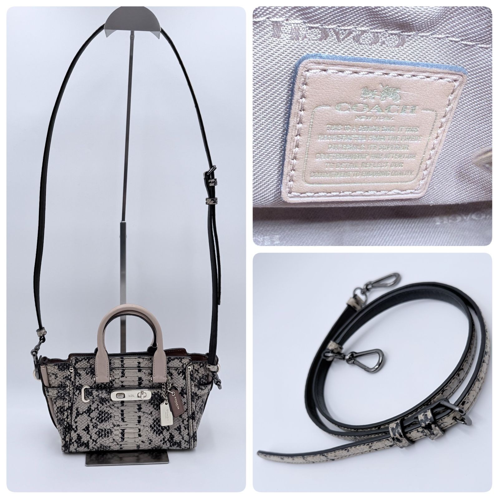 COACH Python Pattern Leather 2WAY Handbag Beige W… - image 9