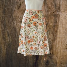 NWOT Floral Retro Midi Skirt Peach Green Yellow Orange Ribbon A-line Size 14 USA