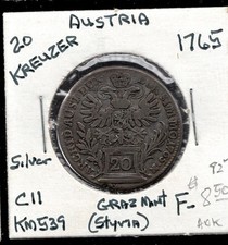 1765 20 Kreuzer AUSTRIA .1252oz Silver KM539 World Coin F-