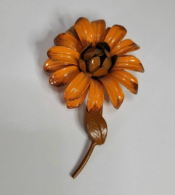 Orange Flower Brooch enamel vintage mod hippy big