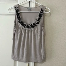 H&M Womens Sleeveless Tank Top Small Gray Beaded Sequin Floral Embellished Scoop