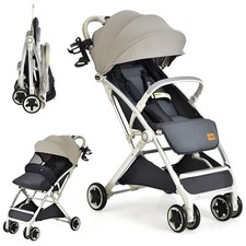 Image of Portable Baby Stroller One-Hand Folding Pushchair W/Adjustable Backrest Grey
