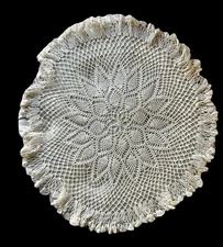 Hand Crocheted Doily Centerpiece 23" Diameter Ruffled Edge White Cotton Wedding