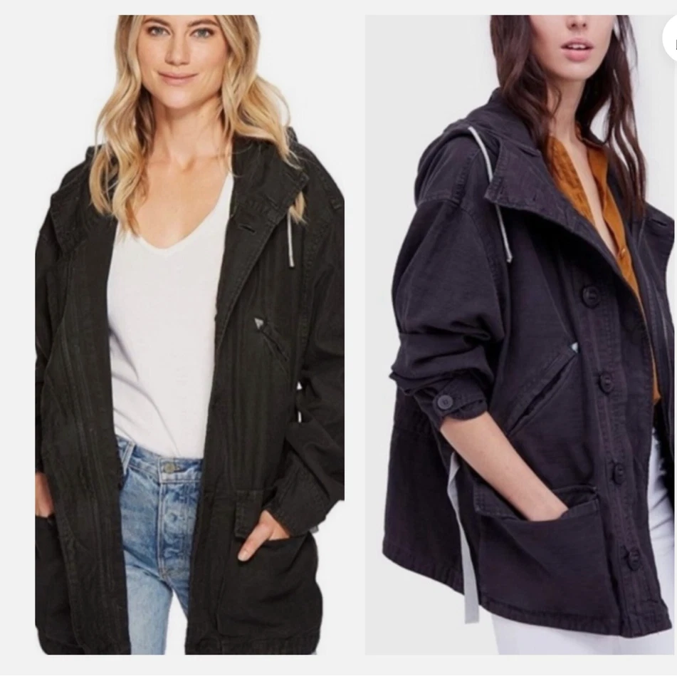 Chaqueta Free People Joshua Tree Bordada Gris Negro Anorak Utility Lona XS Foto 2 de 4