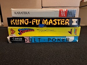 4 game com64 Floppy Disc lot. Karateka, Superman, Kung fu, Poker.  Untested.