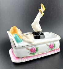 Vintage Porcelain Naughty Nodder Lady Ashtray Rose Accents Souvenir of Mexico