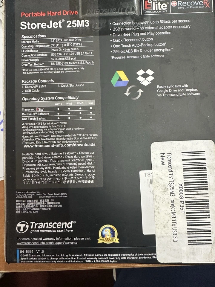 NEUF Disque Dur Transcend StoreJet USB 3.0 , Hard Disk Anti-Shock 1TO - Photo 3/3