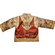 Vintage Boys Chinese New Year Tang 3 Part Suit Padded Red Gold Dragon Silk Sz L