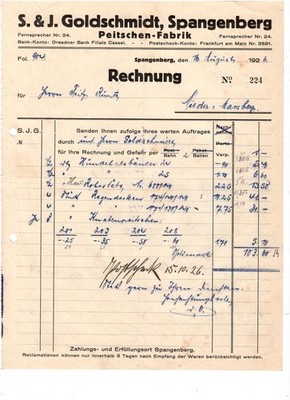 AJ2 Alte Rechnung S & J. Goldschmidt Peitschenfabrik Spangenberg 1926